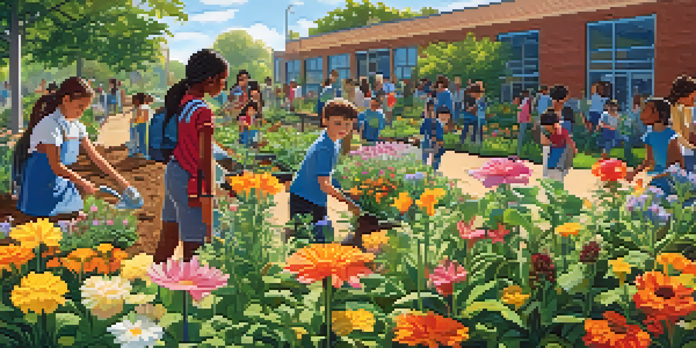 A colorful school garden with students planting and watering various plants under a sunny sky, surrounded by butterflies and flowers.