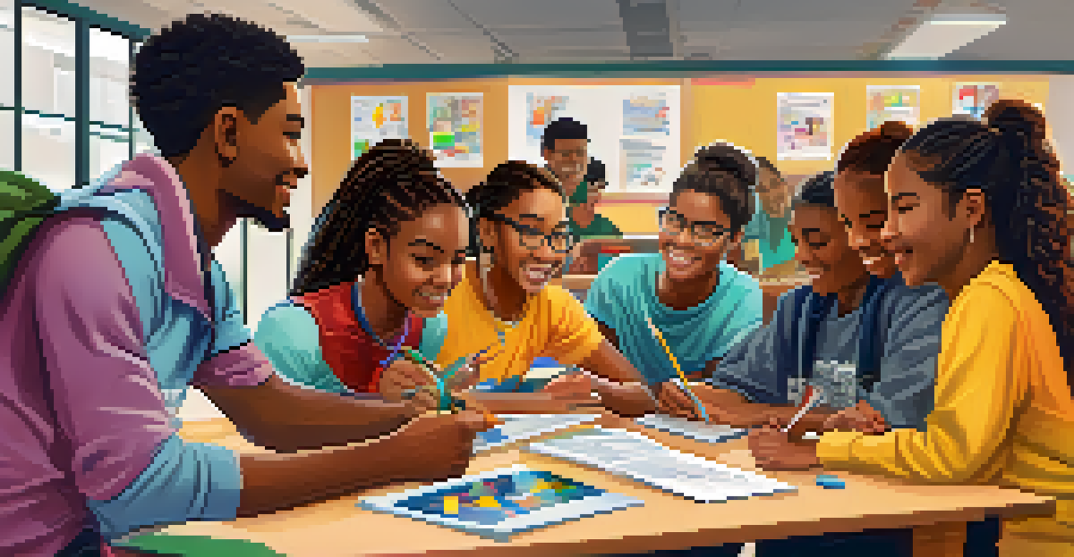 A diverse group of students participating in a workshop at a community center, engaged in brainstorming and working on laptops.