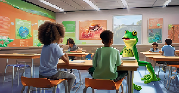 A classroom with students engaging with augmented reality holograms of a frog's anatomy, showcasing their excitement and curiosity.