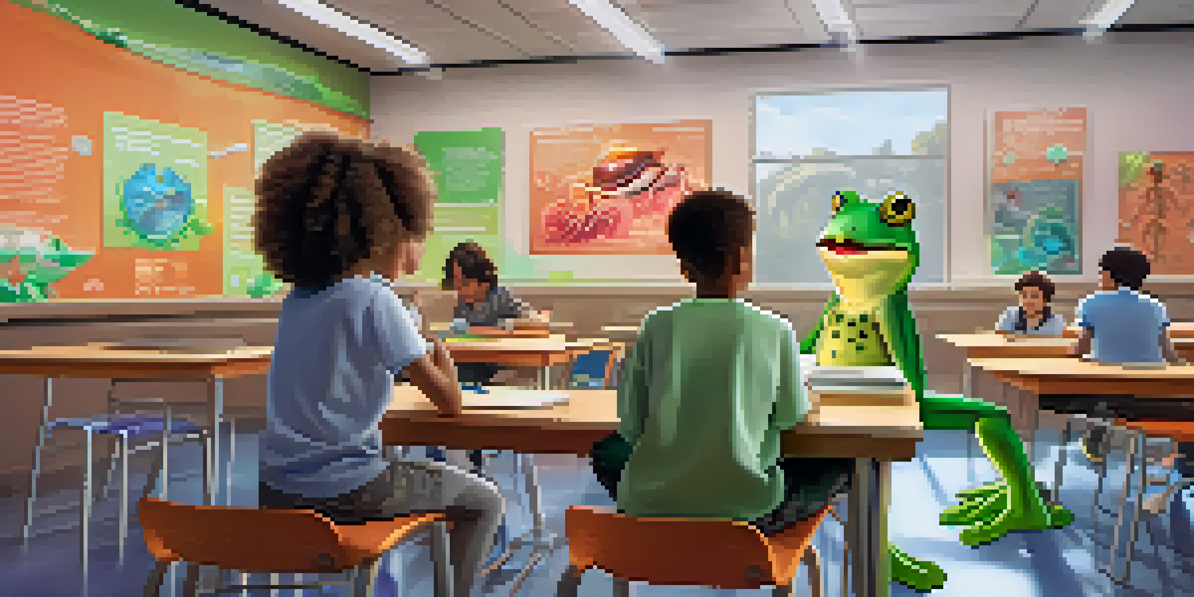 A classroom with students engaging with augmented reality holograms of a frog's anatomy, showcasing their excitement and curiosity.
