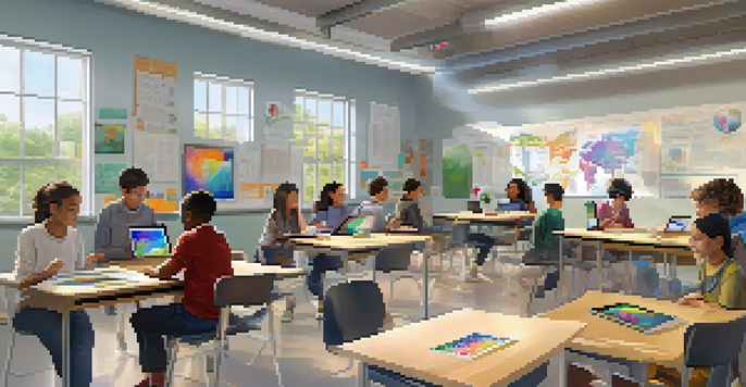 A vibrant classroom with diverse students actively using technology for learning, surrounded by educational materials and natural light.