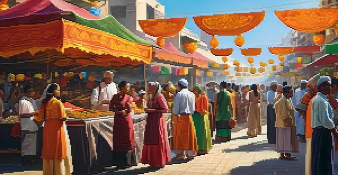 A lively city street filled with people in traditional clothing celebrating a cultural festival, with colorful decorations and food stalls under bright sunlight.
