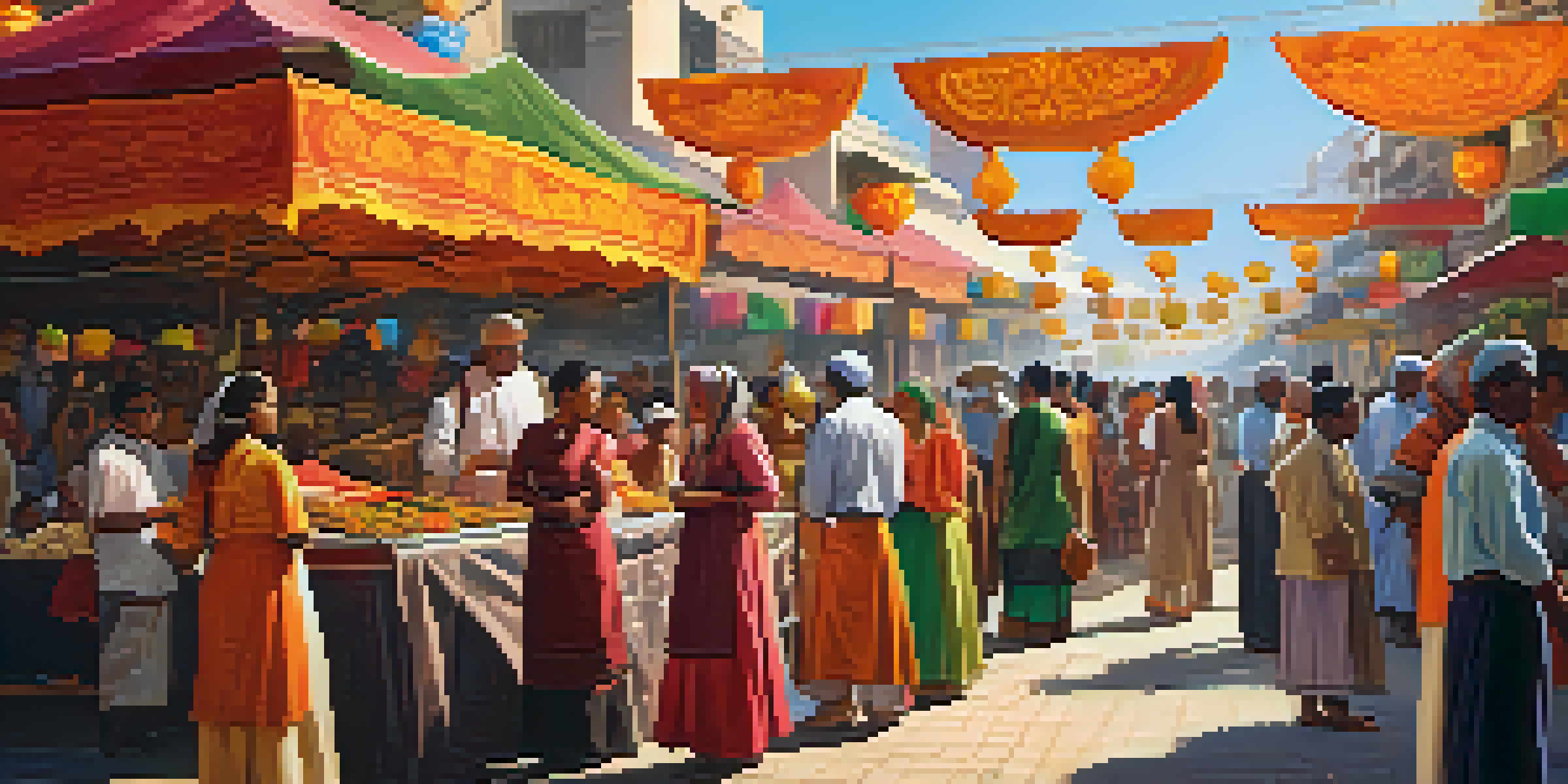 A lively city street filled with people in traditional clothing celebrating a cultural festival, with colorful decorations and food stalls under bright sunlight.