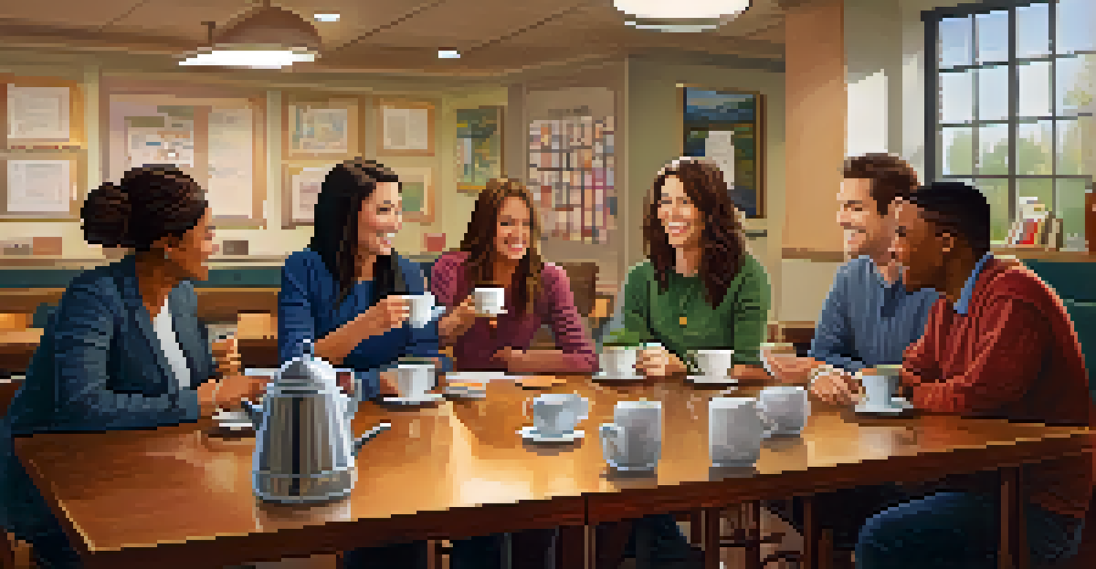 A cozy break room with educators sharing tea and stories around a table, surrounded by artwork and soft lighting, promoting relaxation and connection.