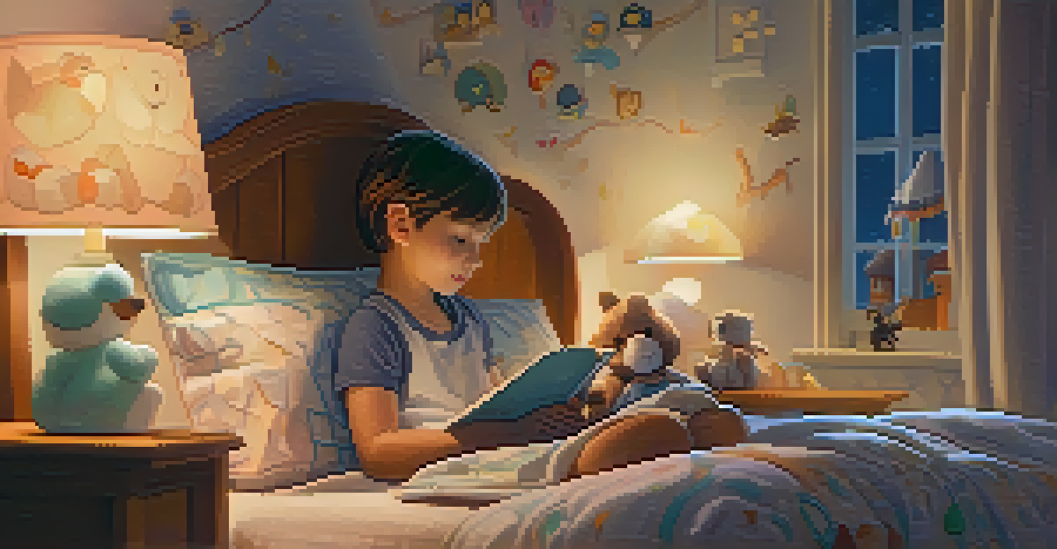 A child in bed reading a storybook under soft blankets with stuffed animals around, illuminated by a gentle nightlight in a calming bedroom.