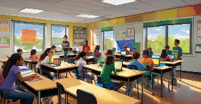 A lively classroom with students using laptops and a teacher guiding them, illuminated by natural light from the windows.