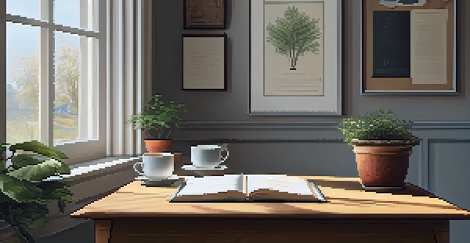 A cozy study space featuring a wooden desk with an open journal, a cup of tea, and a potted plant, illuminated by natural light from a window.