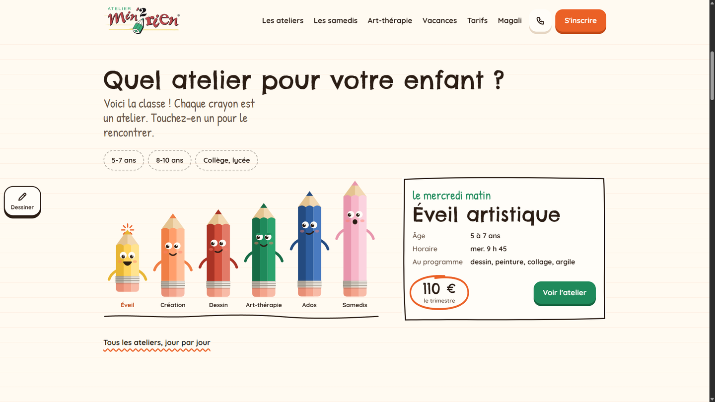 Le choix de l'atelier sur ordinateur : une rangée de crayons illustrés, un par atelier