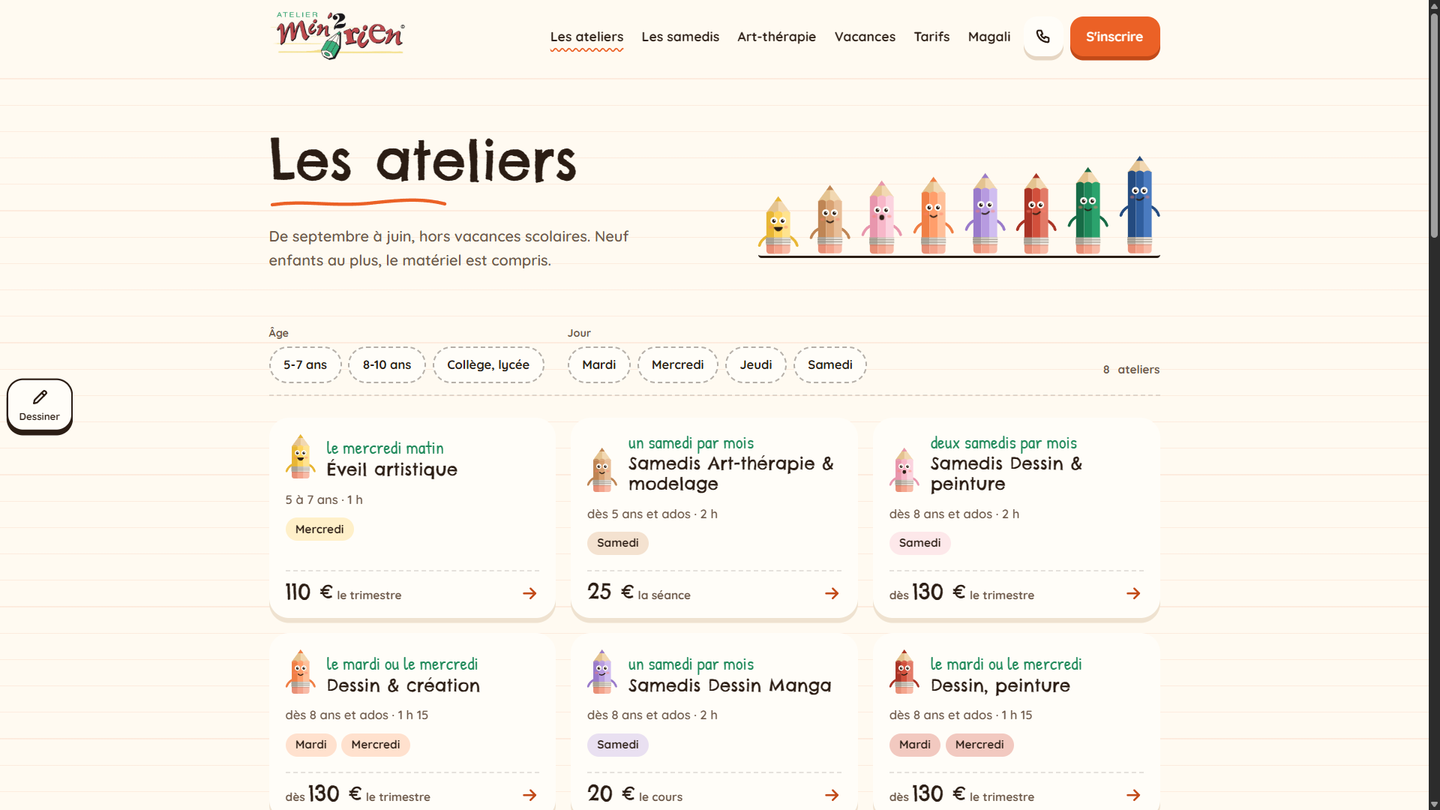 La liste des ateliers sur ordinateur, filtrable par âge et par jour, le tarif visible sur chaque carte