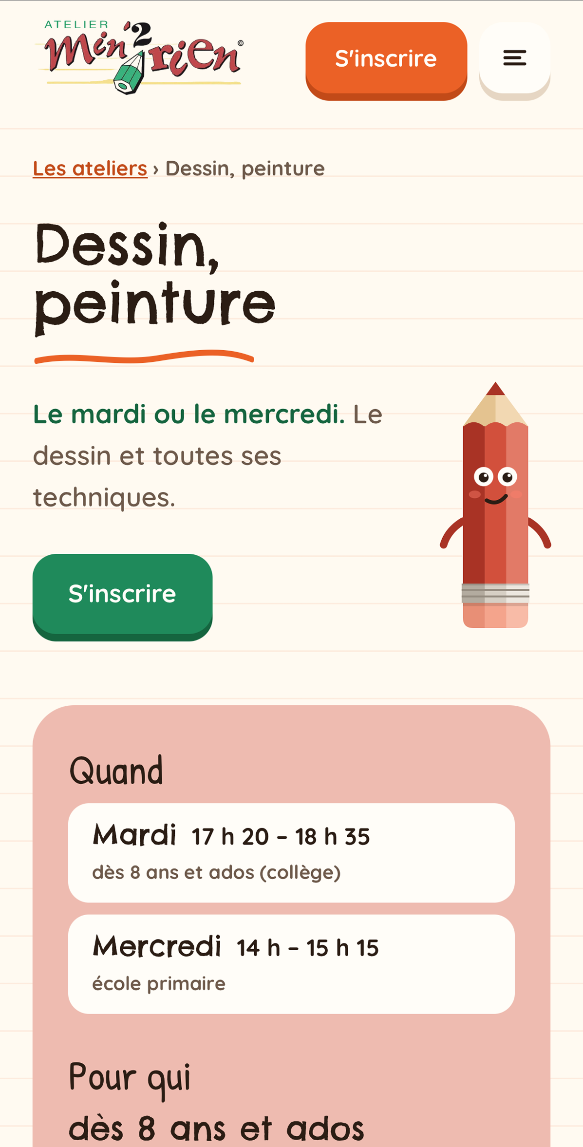 La fiche d'un atelier sur téléphone : les jours, les horaires et le public concerné