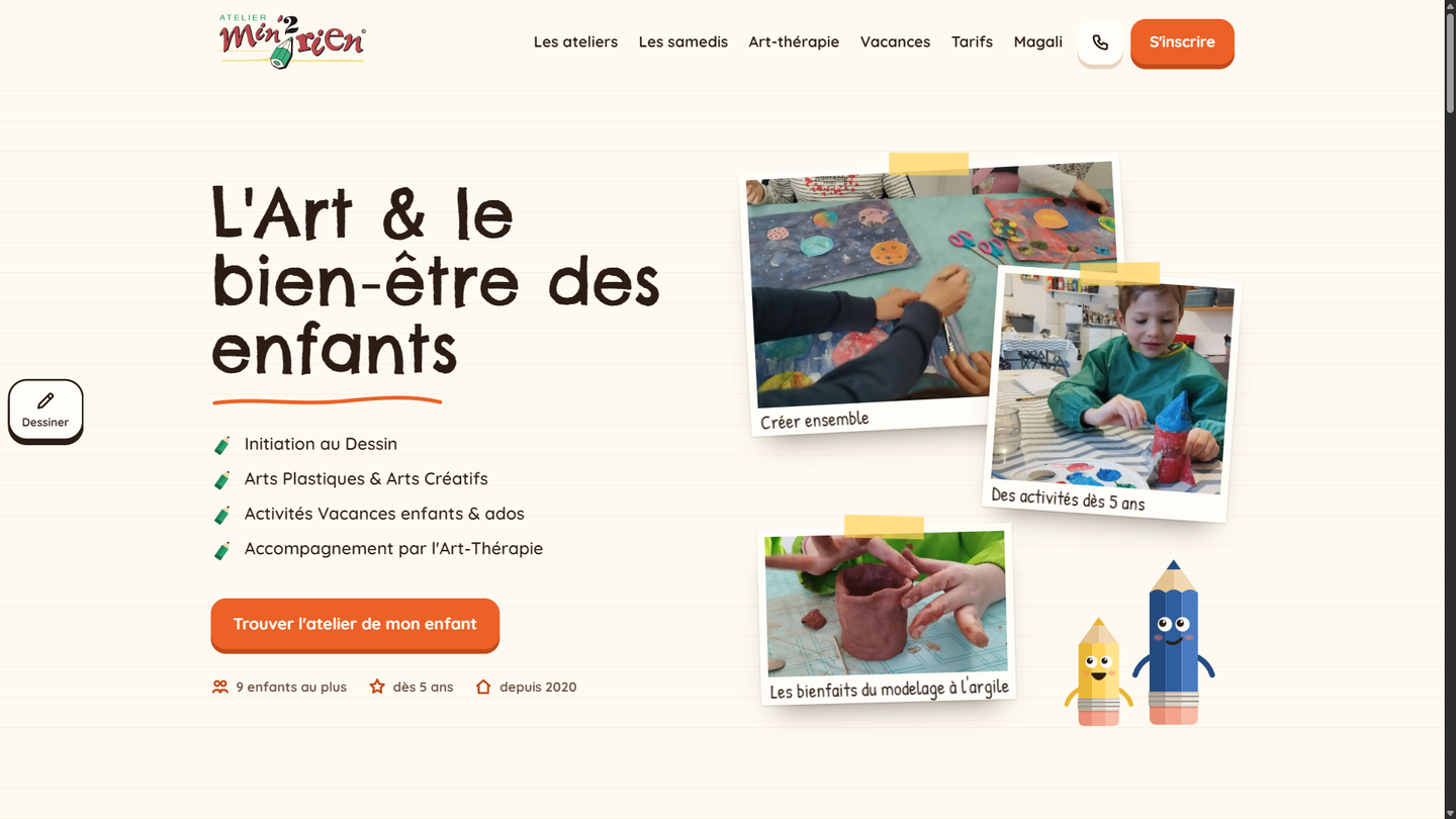 La page d'accueil sur ordinateur : le titre « L'Art & le bien-être des enfants » et les photos de l'atelier