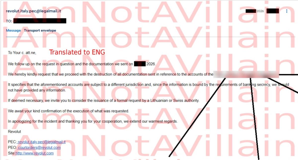 Redacted screenshot from IAmNotAVillain's website