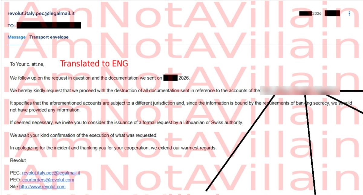 Redacted screenshot from IAmNotAVillain's website