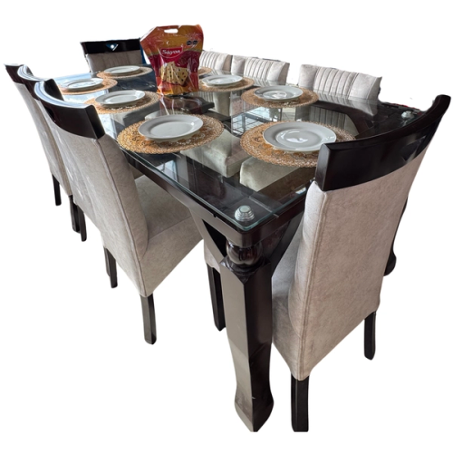 COMEDOR 8 SILLAS TORNEADO COPETE NOGAL 200 X 100