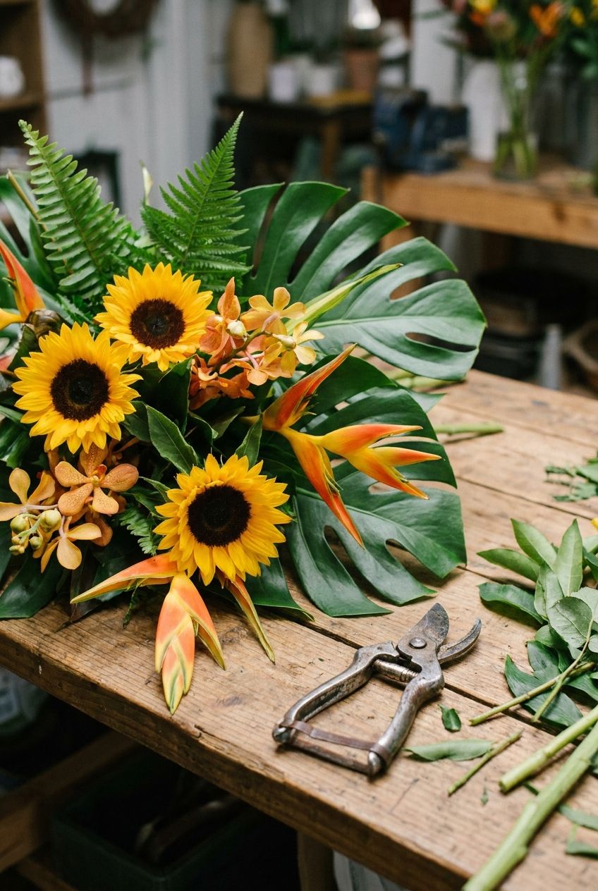 Arranjo de flores para Dia dos Pais sendo montado passo a passo
