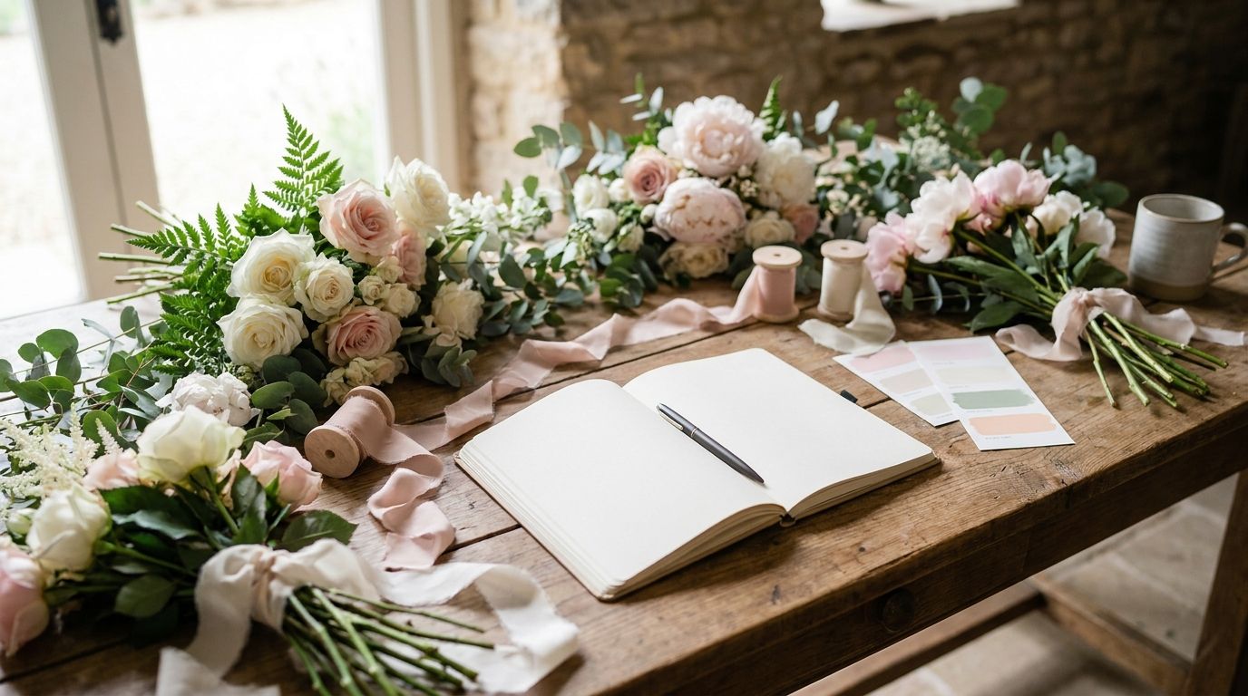 Caderno de planejamento de casamento ao lado de flores brancas e fita para checklist floral
