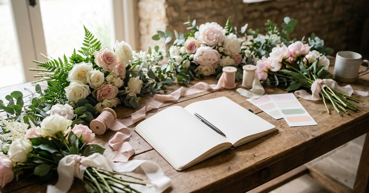 Caderno de planejamento de casamento ao lado de flores brancas e fita para checklist floral