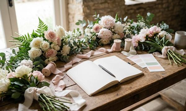 Caderno de planejamento de casamento ao lado de flores brancas e fita para checklist floral
