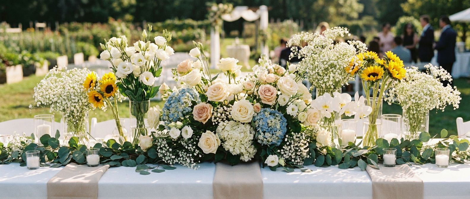 Arranjo com diversas flores para casamento sobre mesa decorada em cerimônia ao ar livre