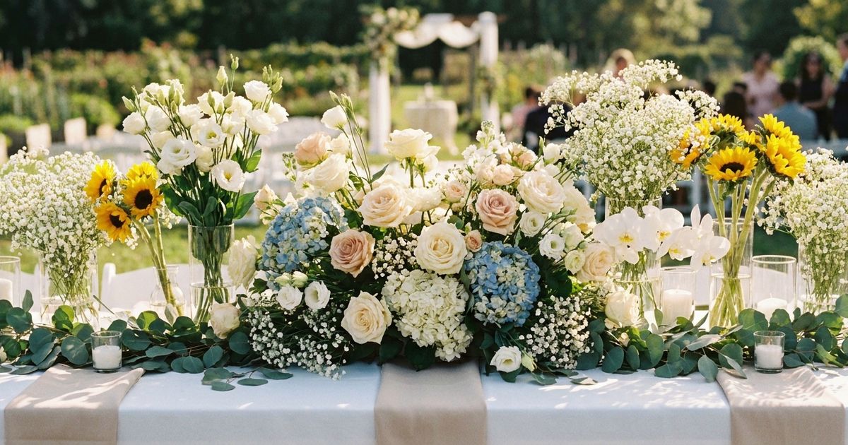 Arranjo com diversas flores para casamento sobre mesa decorada em cerimônia ao ar livre