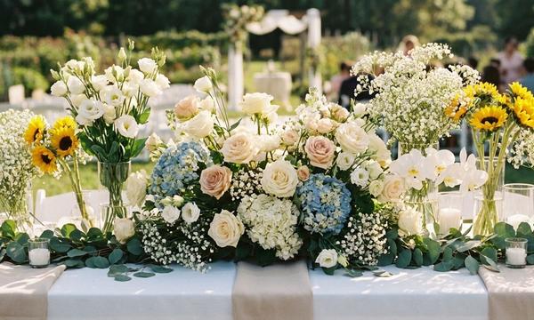 Arranjo com diversas flores para casamento sobre mesa decorada em cerimônia ao ar livre