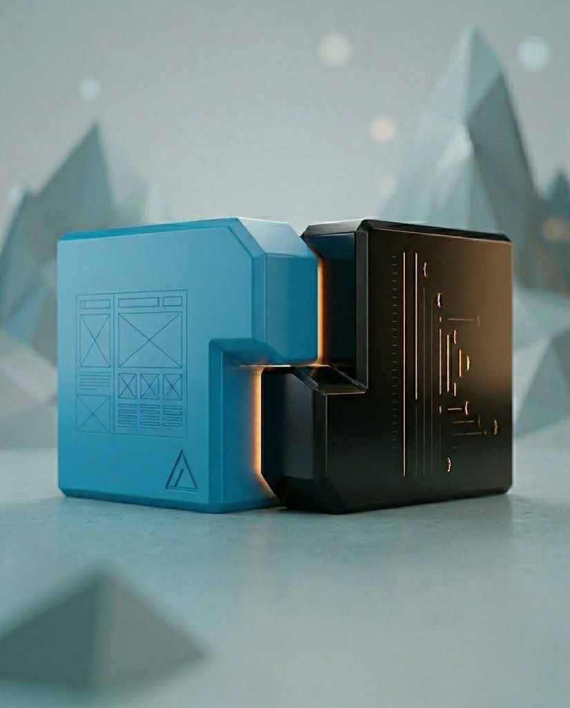 3D geometric blocks interlocking perfectly with a glowing joint.