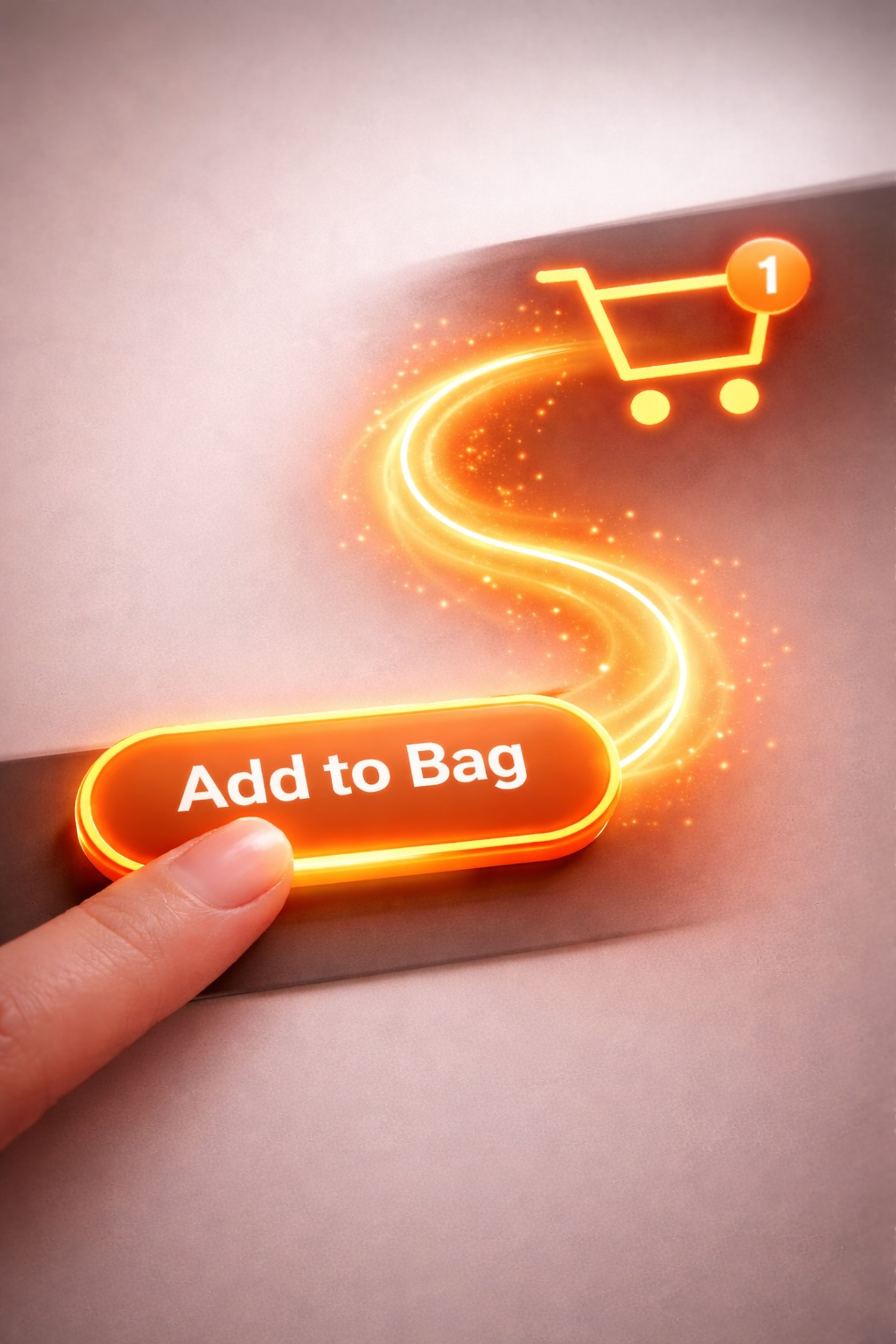 A glowing 'Add to Bag' button connected by a stream of light to a shopping cart icon.