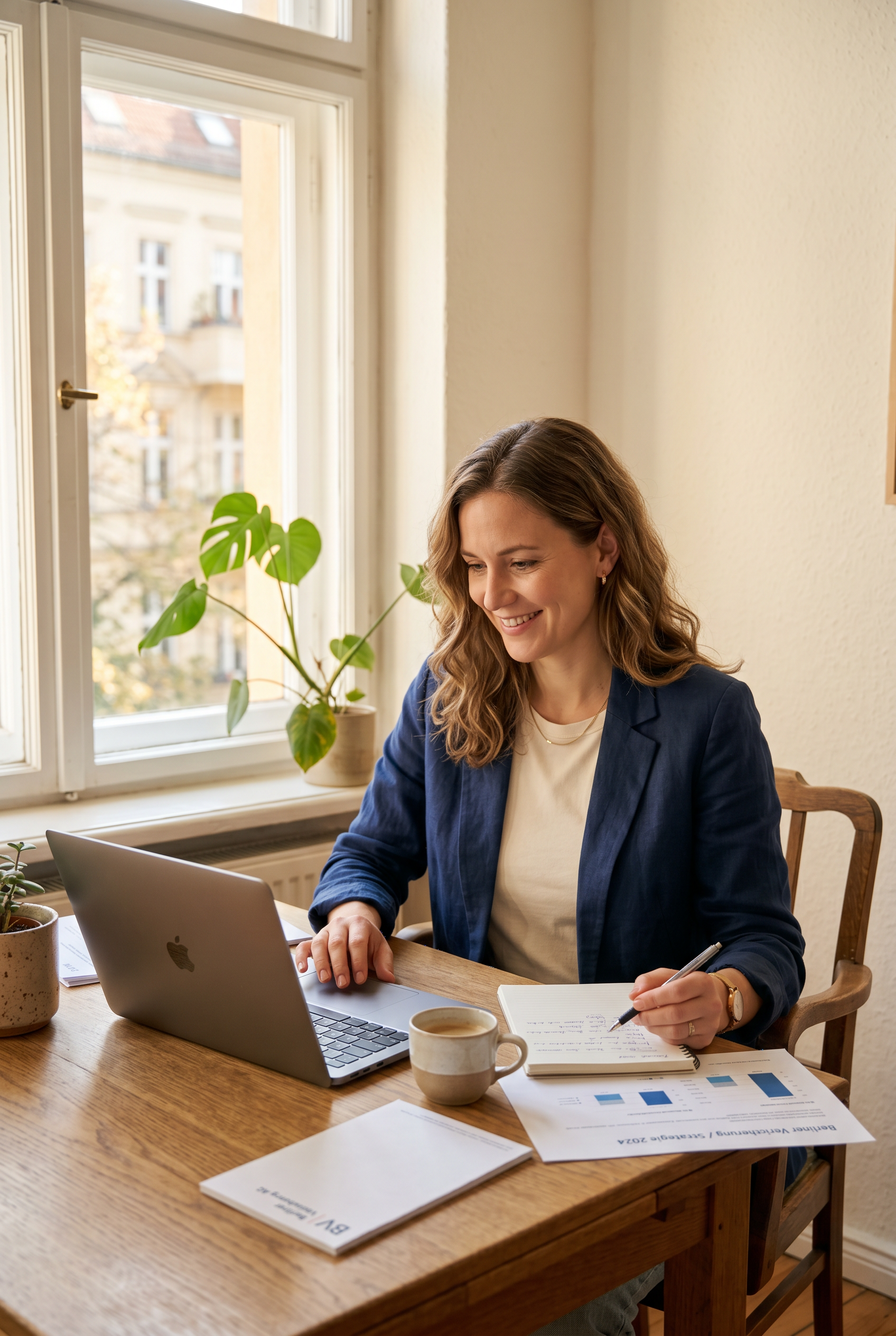 Woman in a navy blazer reviewing private health insurance documents at a desk in a sunlit Berlin apartment