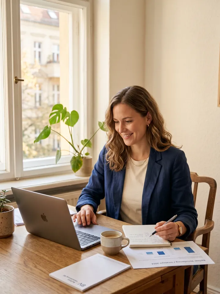 Woman in a navy blazer reviewing private health insurance documents at a desk in a sunlit Berlin apartment