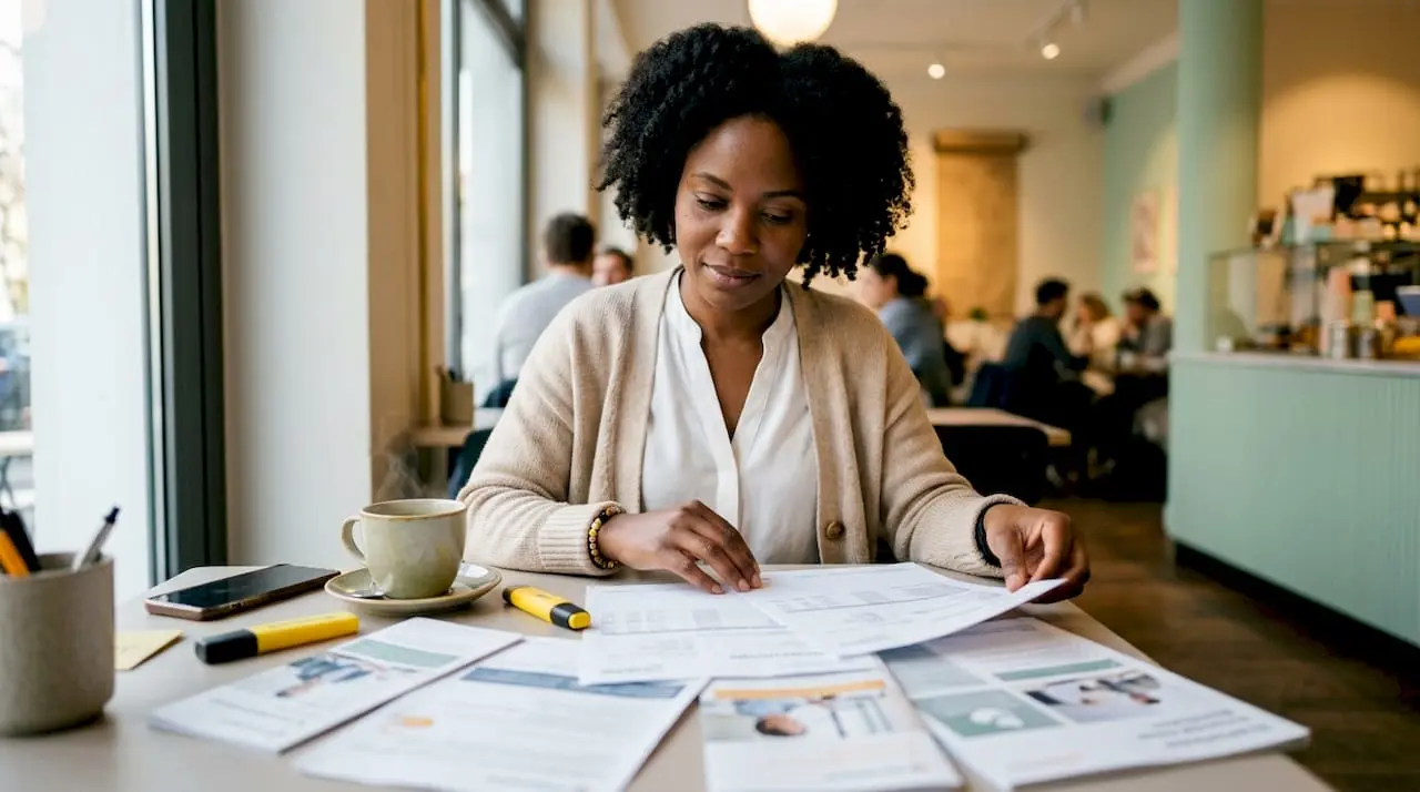 Woman reviewing German salary insurance documents