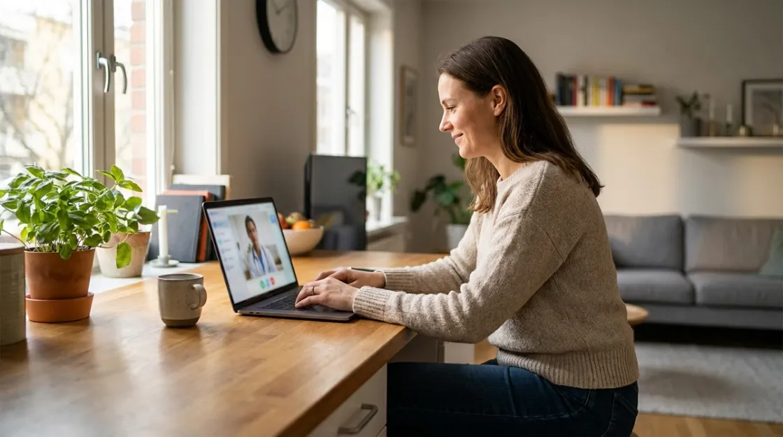 Woman in a video telemedicine consultation with a doctor on a laptop