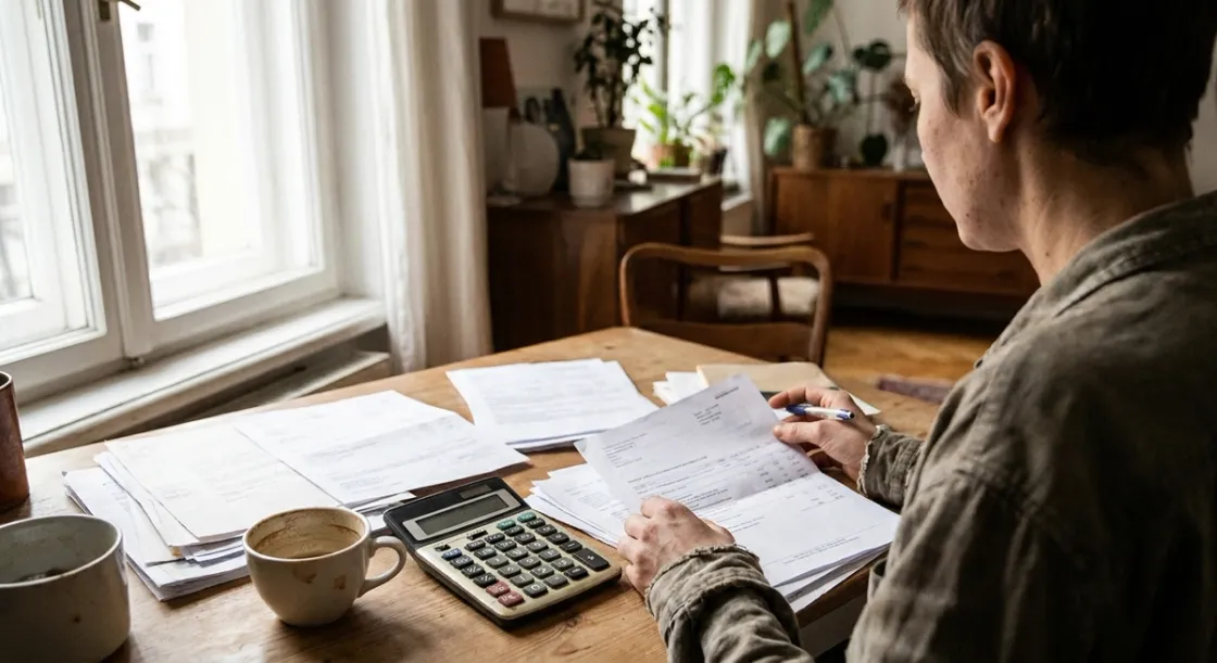 Person at a kitchen table reviewing bills with a calculator