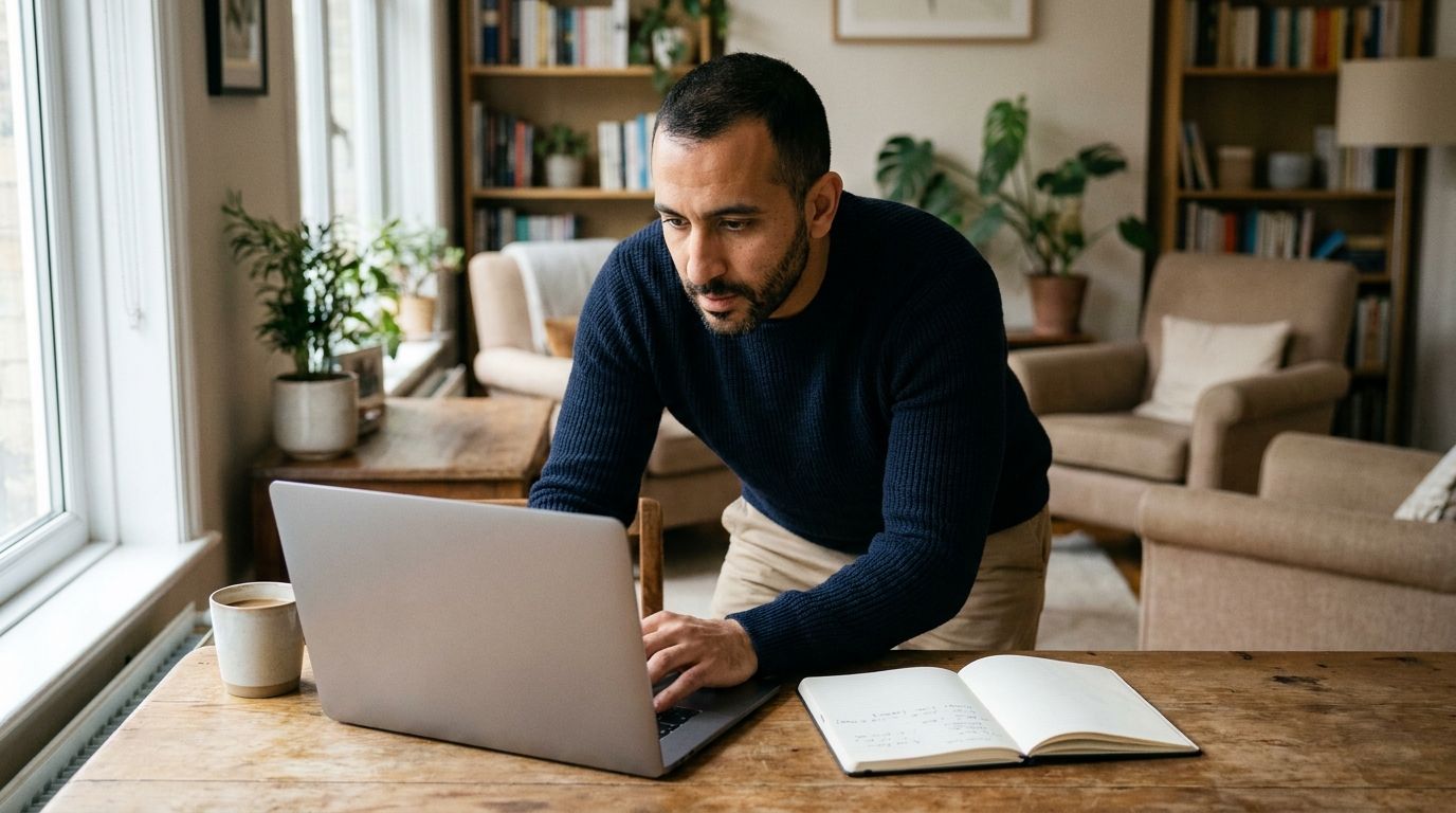 Young international professional planning long-term private health insurance costs on a laptop at home