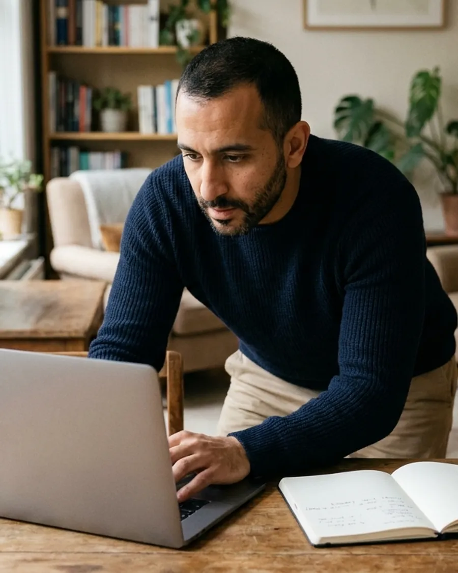 Young international professional planning long-term private health insurance costs on a laptop at home