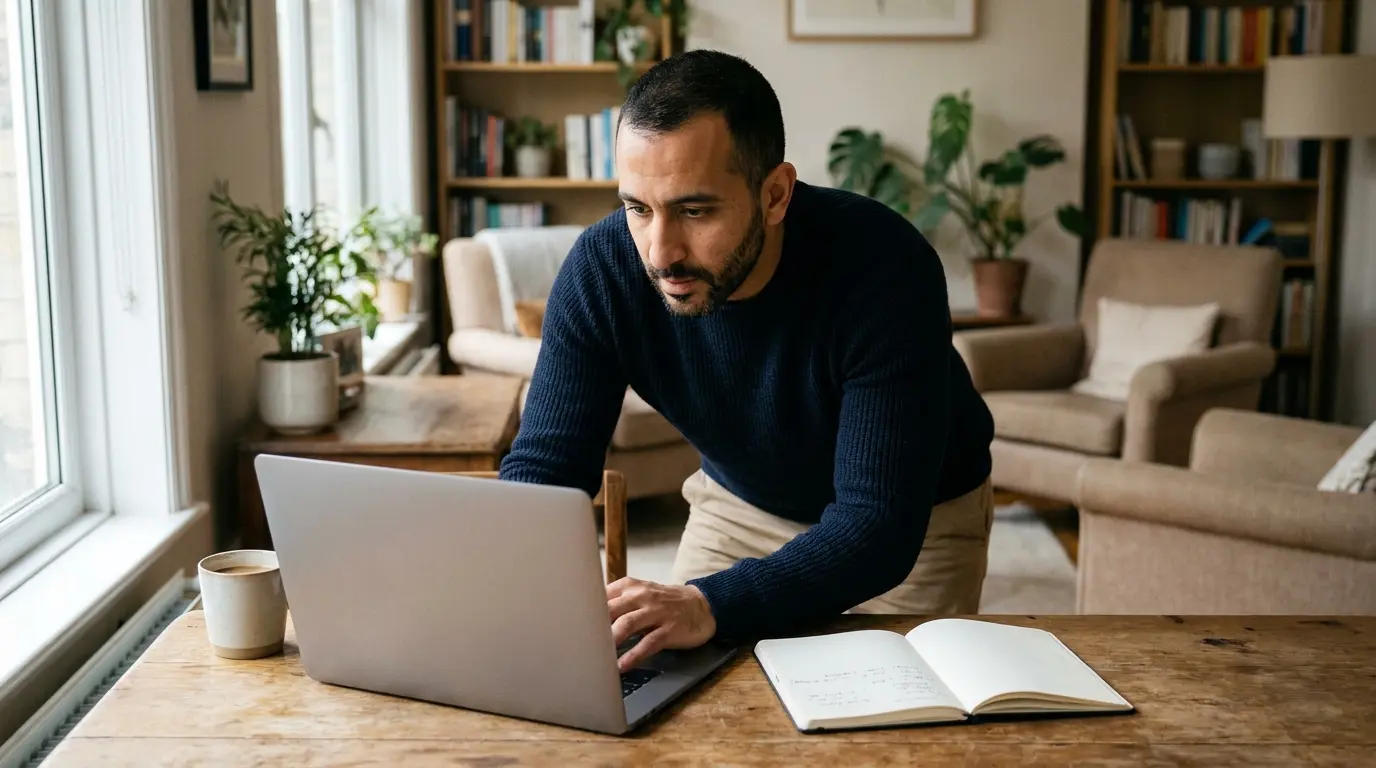 A self-employed international professional working on a laptop in a home office in Germany