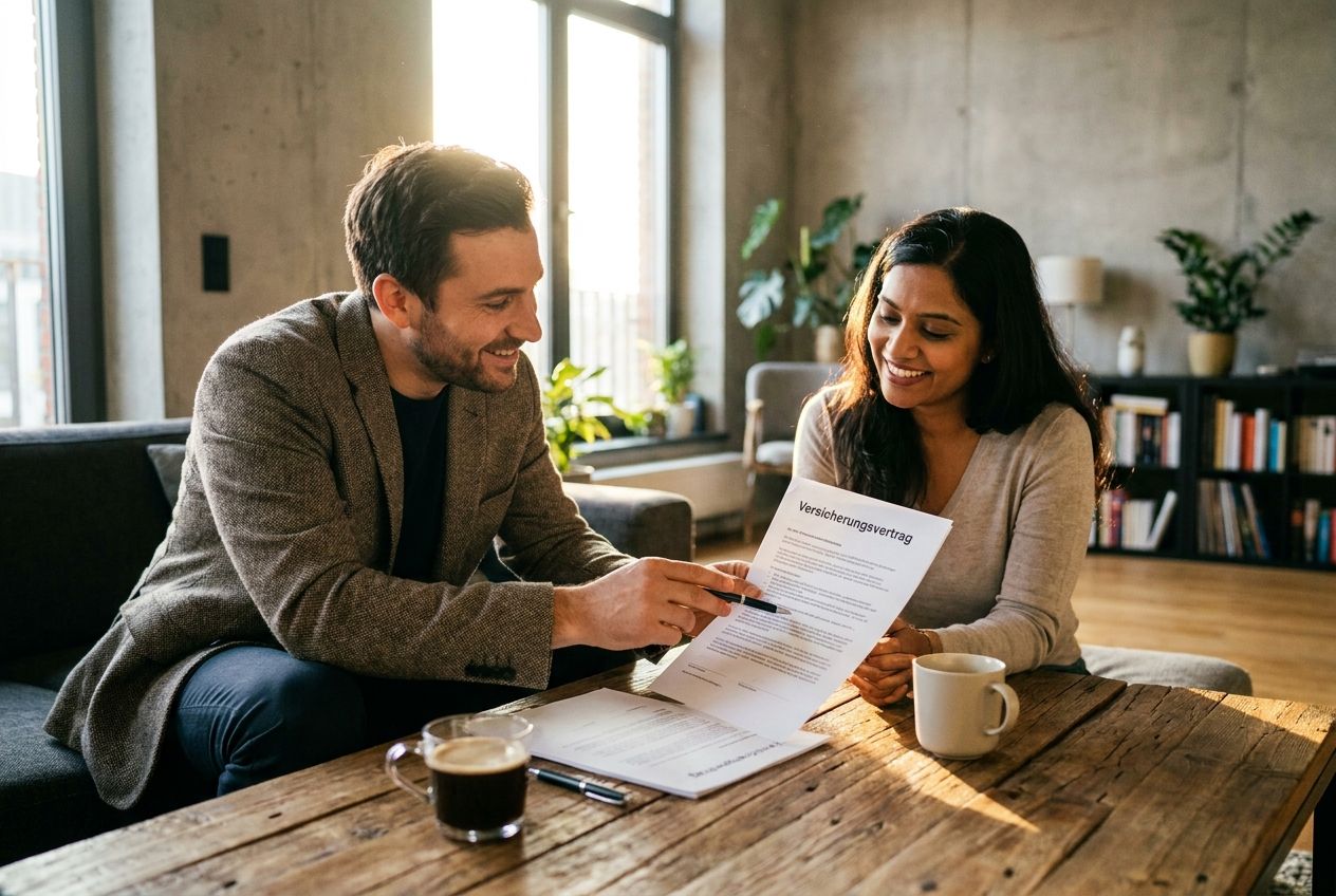 Advisor explaining a document to a young woman at a wooden table
