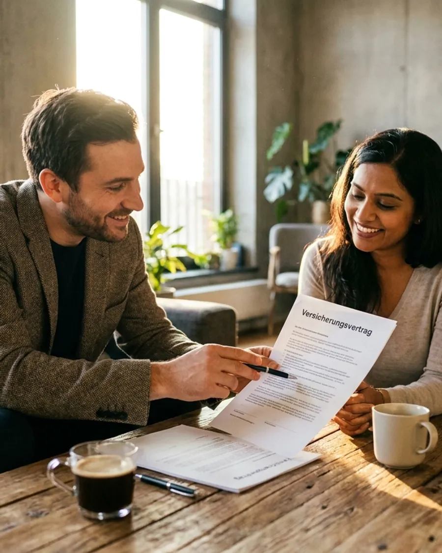 Advisor explaining a document to a young woman at a wooden table