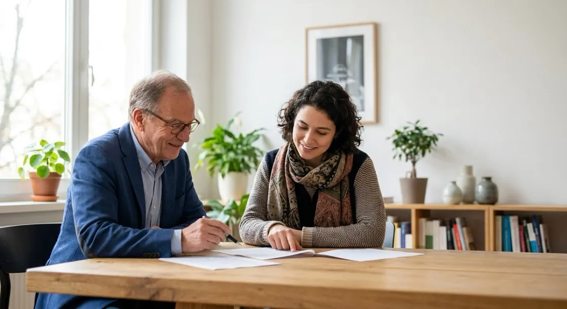 Photograph of an insurance advisor helping an international client with health insurance paperwork in Germany
