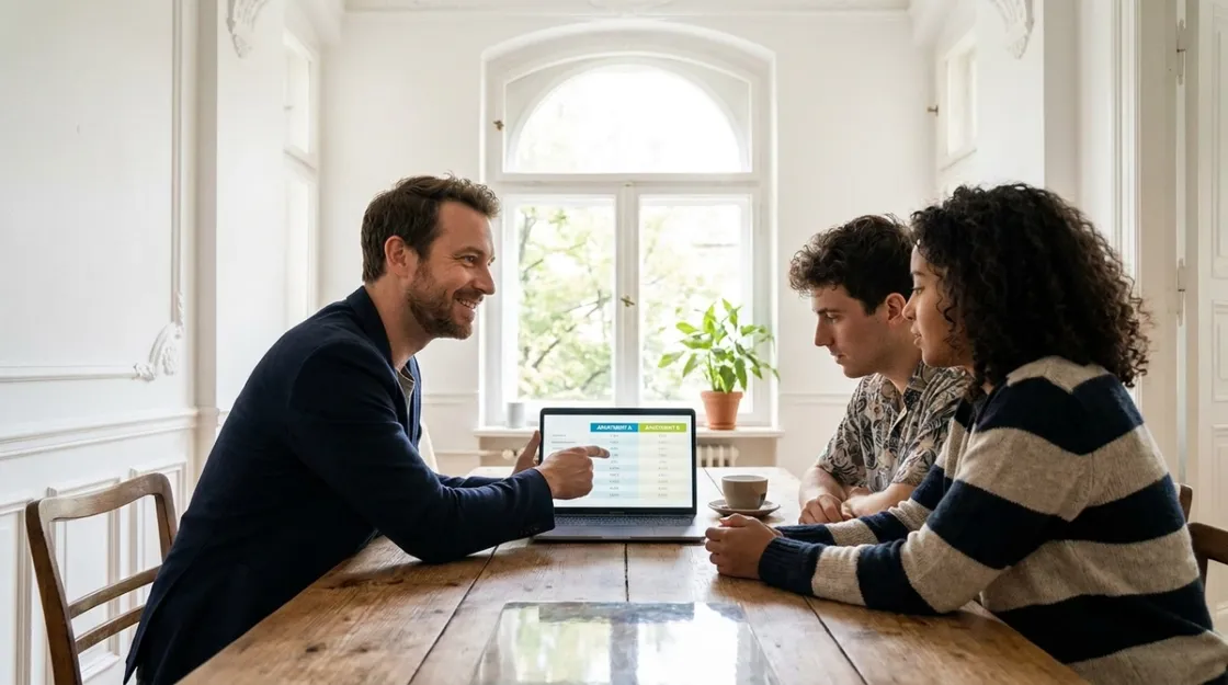 Broker comparing public and private health insurance side by side with a young couple on a laptop