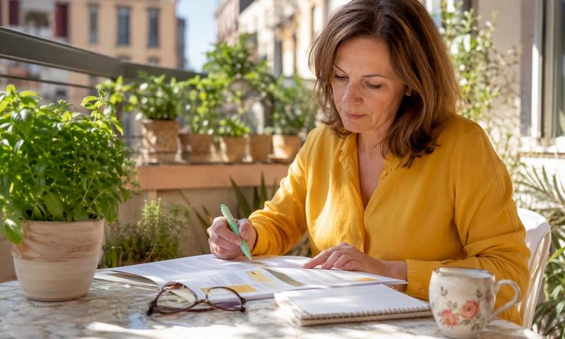 Expatriate woman reviewing German eyewear insurance documents