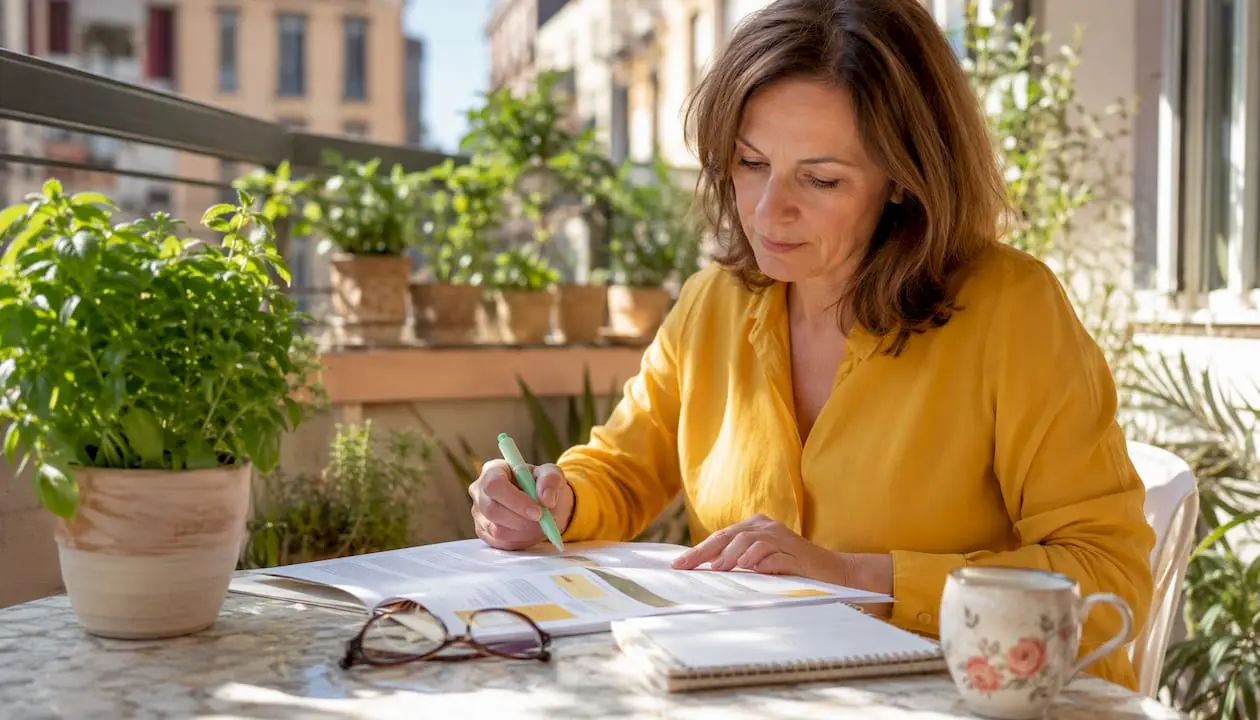 Expatriate woman reviewing German eyewear insurance documents