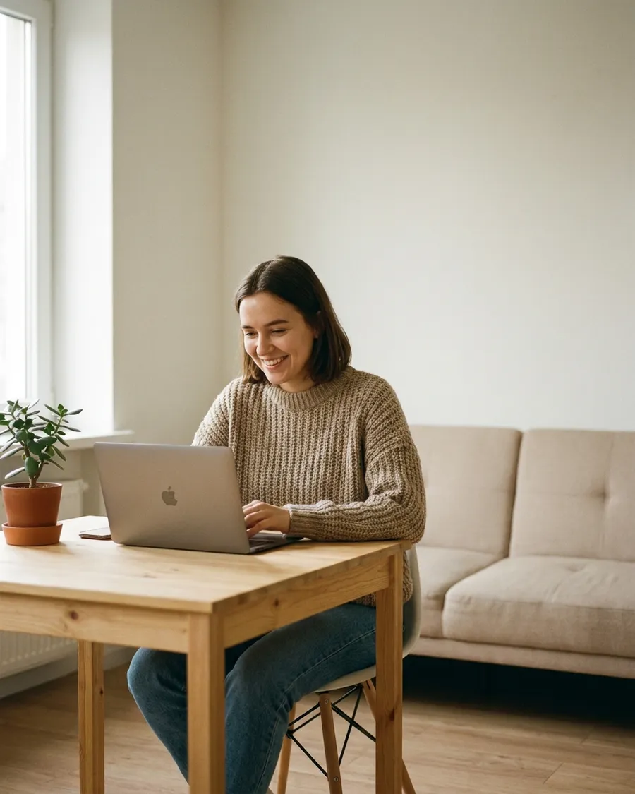 Young freelancer smiling while working on a laptop in a bright apartment
