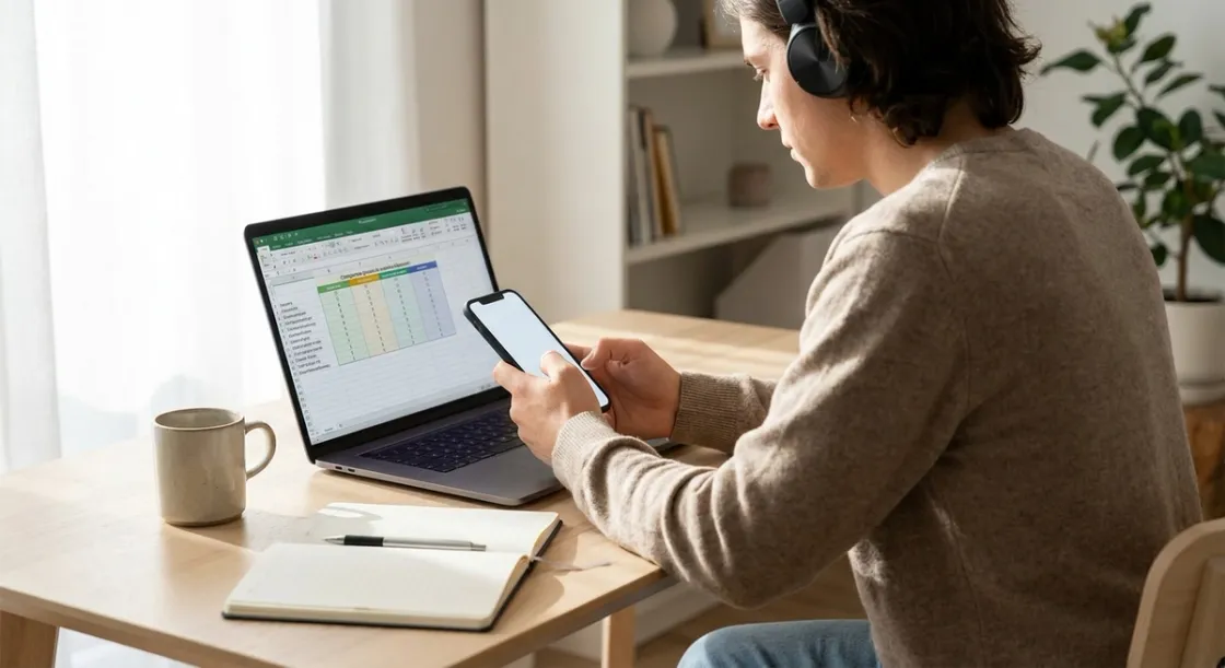 Person comparing health insurance costs in a spreadsheet on a laptop while checking a phone
