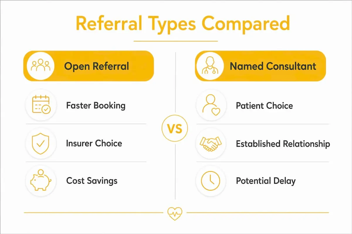 Infographic comparing open referral and named consultant referral