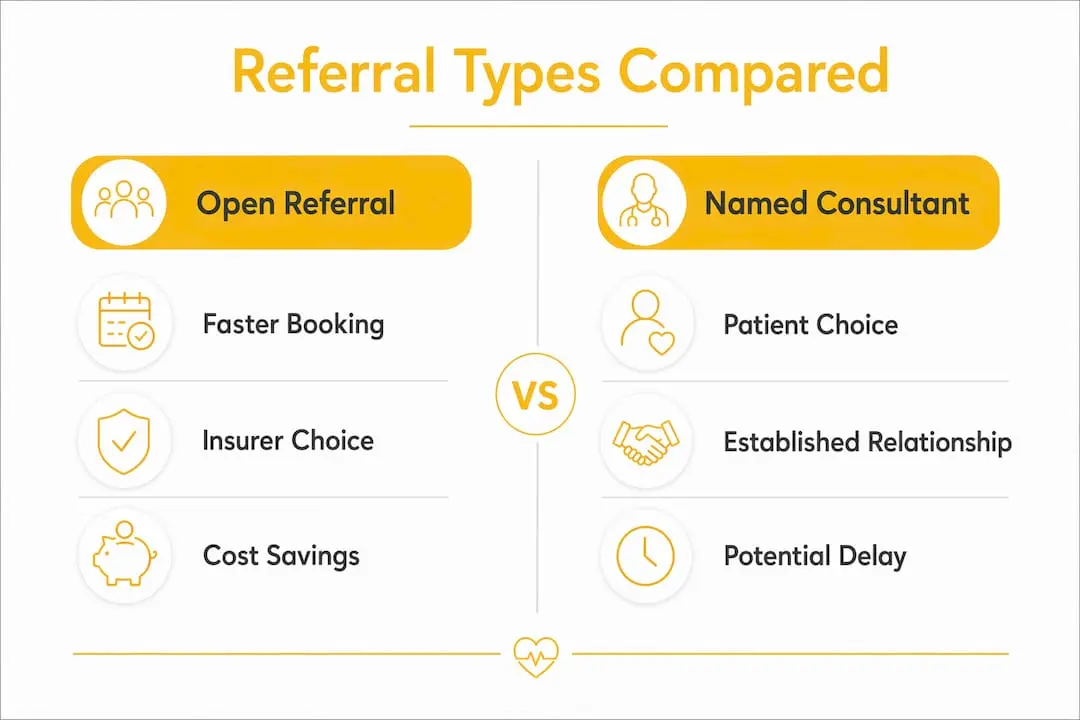 Infographic comparing open referral and named consultant referral