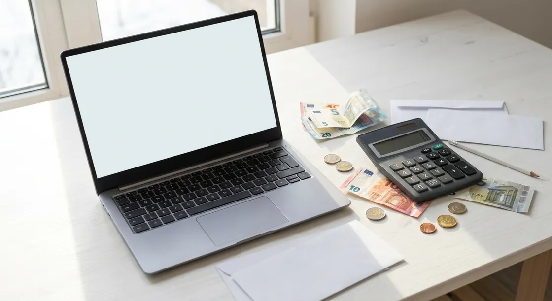 Calculator, euro notes and a laptop on a desk representing health insurance costs