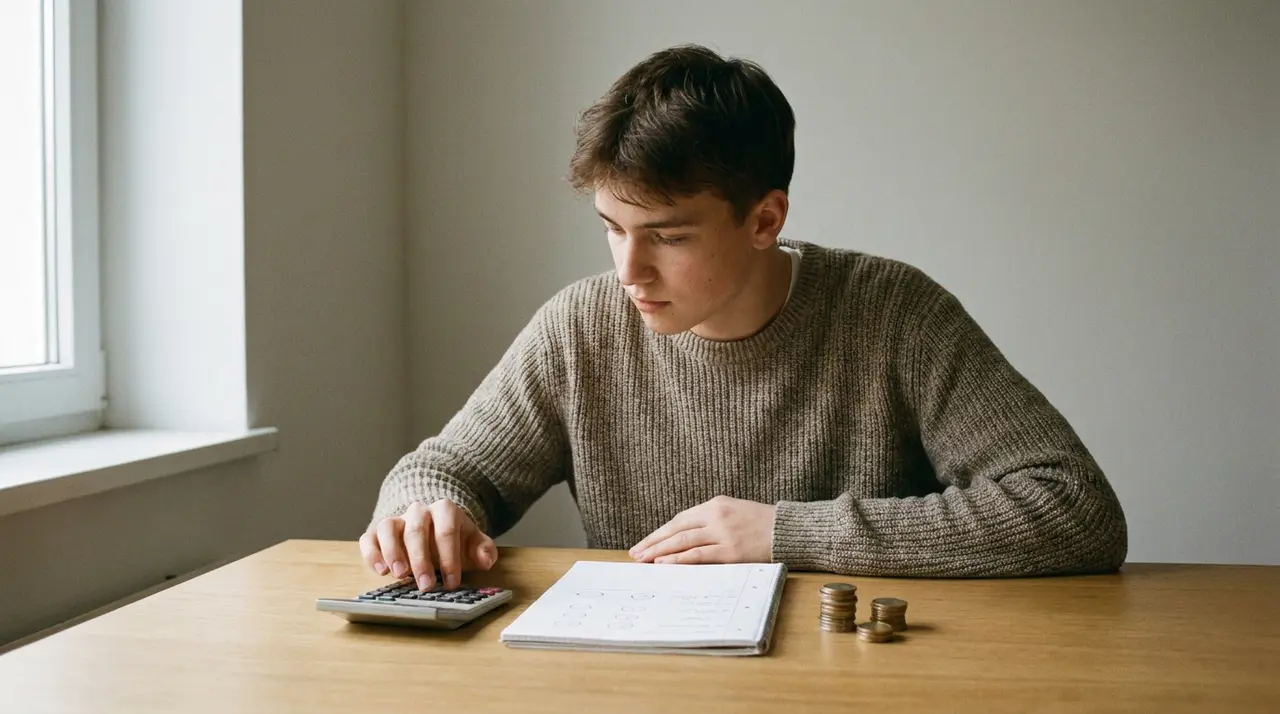 Young professional working out the monthly cost of private health insurance at a kitchen table