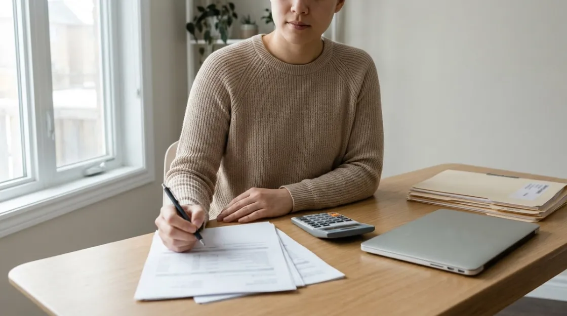 Person reviewing monthly costs with a calculator and documents