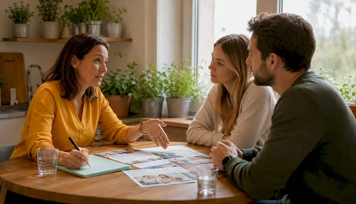Health insurance advisor consulting young couple indoors
