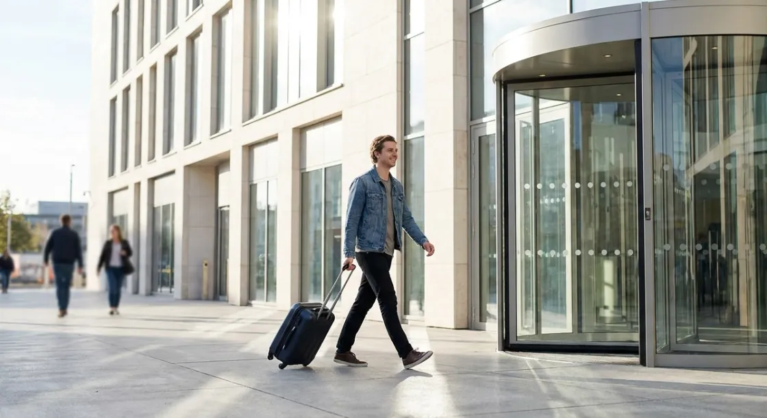 Newcomer with a suitcase arriving at a modern office building on a sunny day